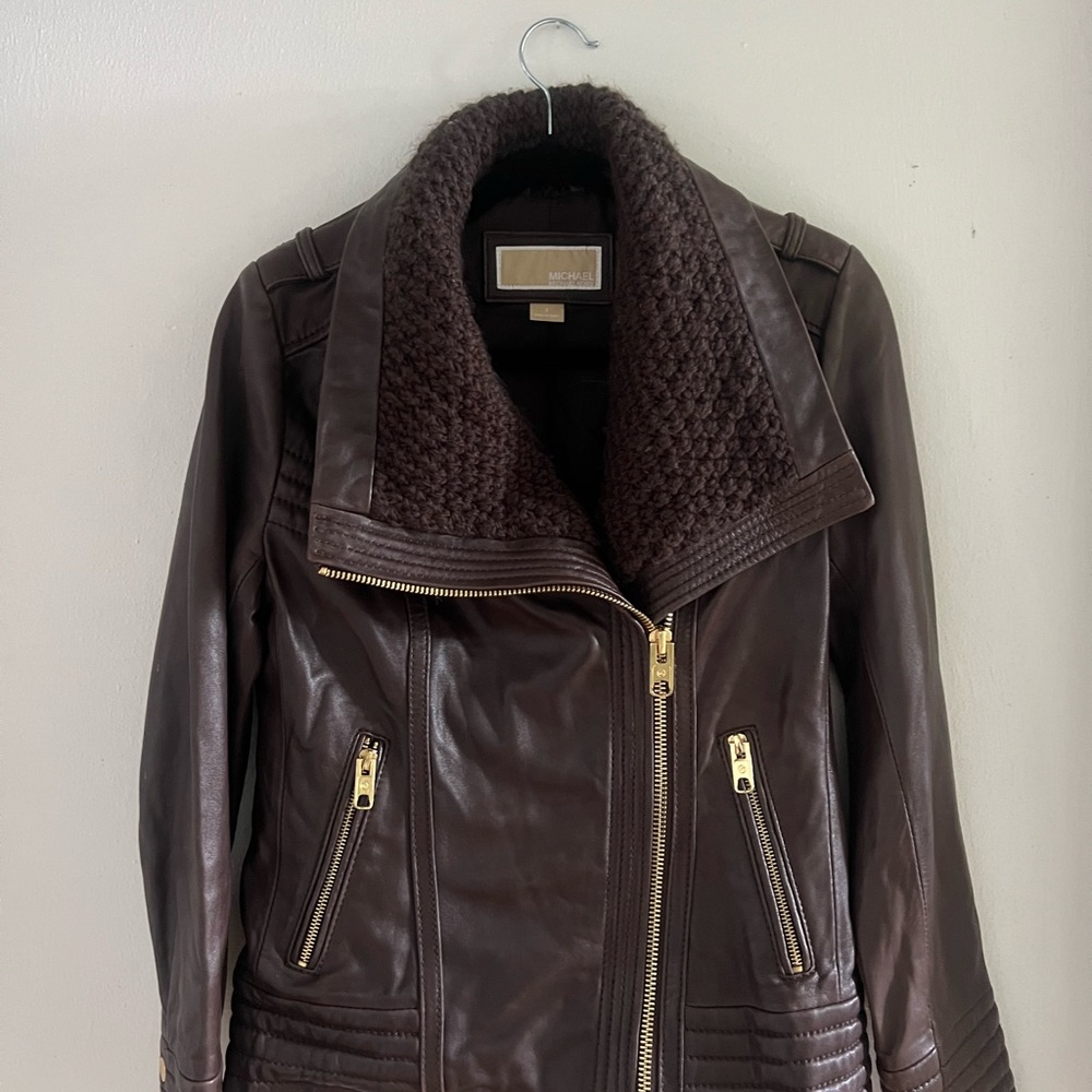 Michael Kors Brown Leather Jacket with Gold Zipper